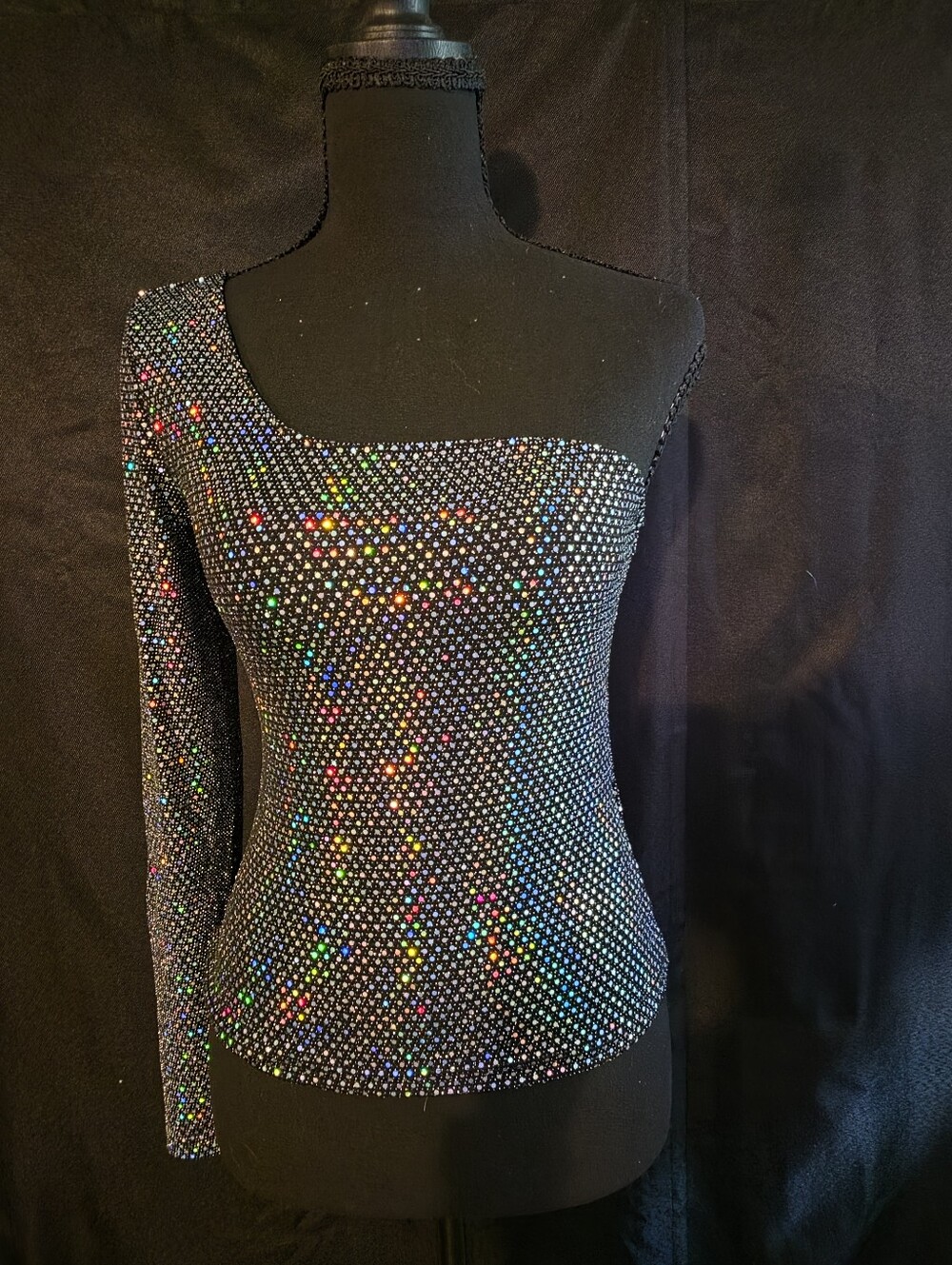 Sparkling Rainbow Holographic Rhinestone One-Shoulder Statement Crop Top